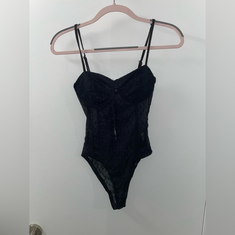 Kittenish Black lace polka dot bodysuit - size xs